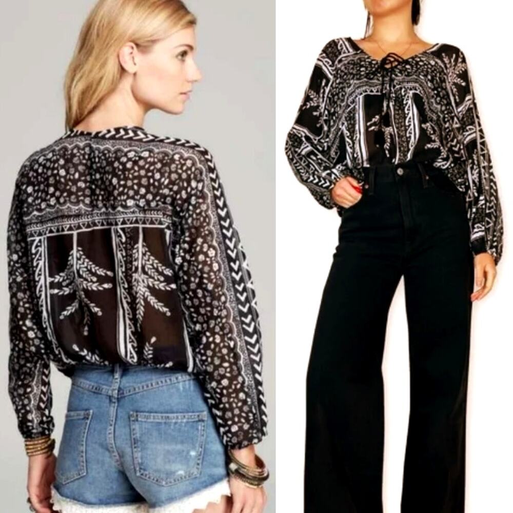 Free People Yo Yo Geo Aztec Peasant Print Boho Top Blouse Size S